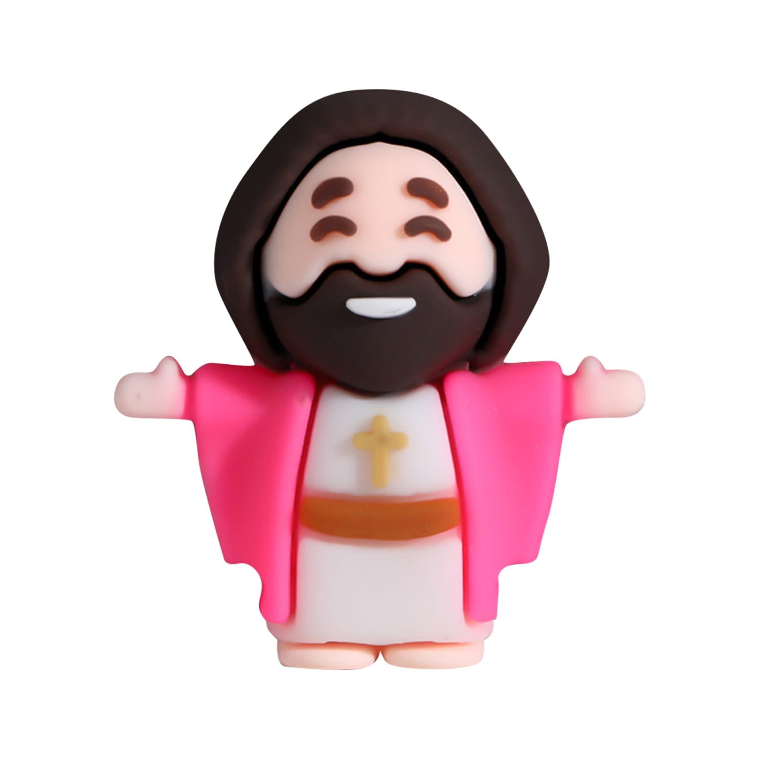 Mini Jesus figurines Easter party favors 10 pcs featuring pink and white figurines of Jesus with brown hair beard and a gold cross on his chest.