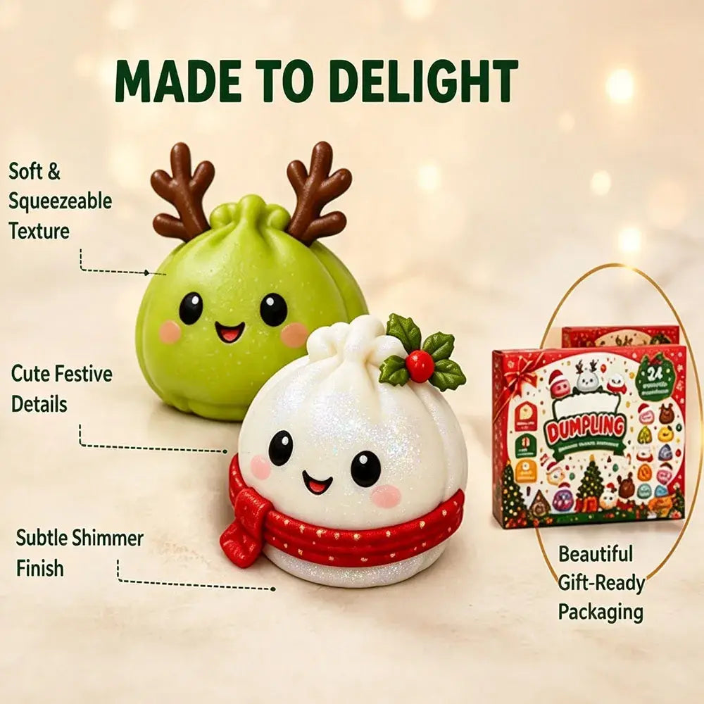 Front view of green and white dumpling-shaped squishy ornaments with festive antlers and scarves for christmas countdown