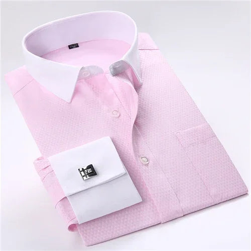 Men's Collar French Cuff Dress Shirts Business Contrast  Single Patch Pocket Regular-fit Long Sleeve Social Wedding Party Shirt