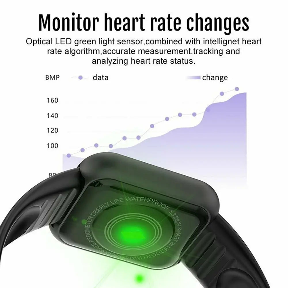 black smartwatch fitness tracker sport bracelet showing the back with a glowing green heart rate sensor and Bluetooth connectivity