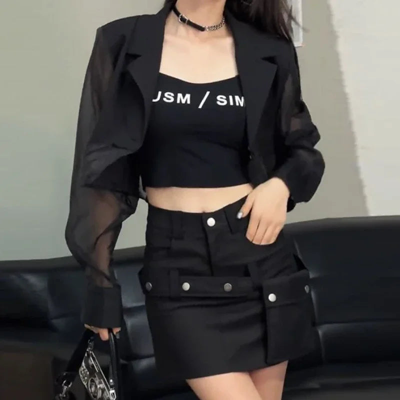 Sun-proof Blazers Women Cropped See-through Back-slit Summer Aesthetic Patchwork Streetwear Office Lady Fashionable Outwear 2025