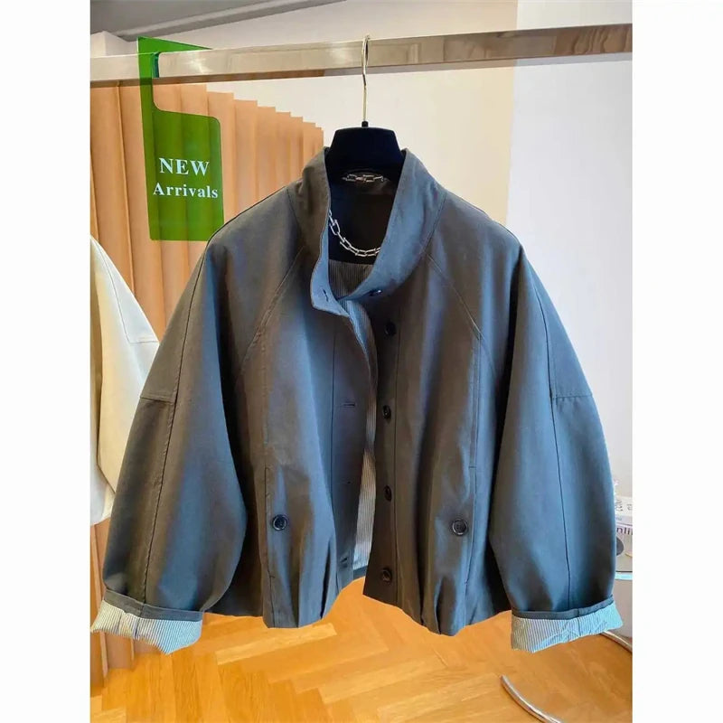 Women Short Trench Coats Striped Lining Loose Windbreaker Jackets Single Breasted Stand Collar Casual Tops Spring Autumn New