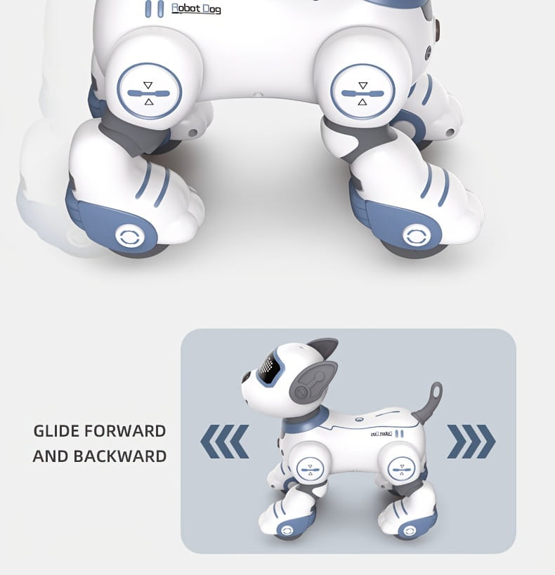 White and blue remote control robotic dog toy with gray accents and a sleek plastic body designed for forward and backward gliding motion featuring a rechargeable battery.