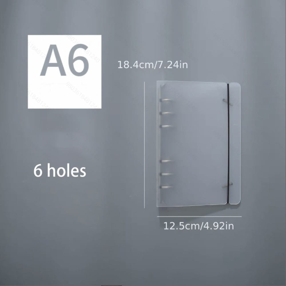 a transparent a6 planner with six silver rings and a black elastic closure shown as part of an a5 translucent loose leaf ring binder notebook.