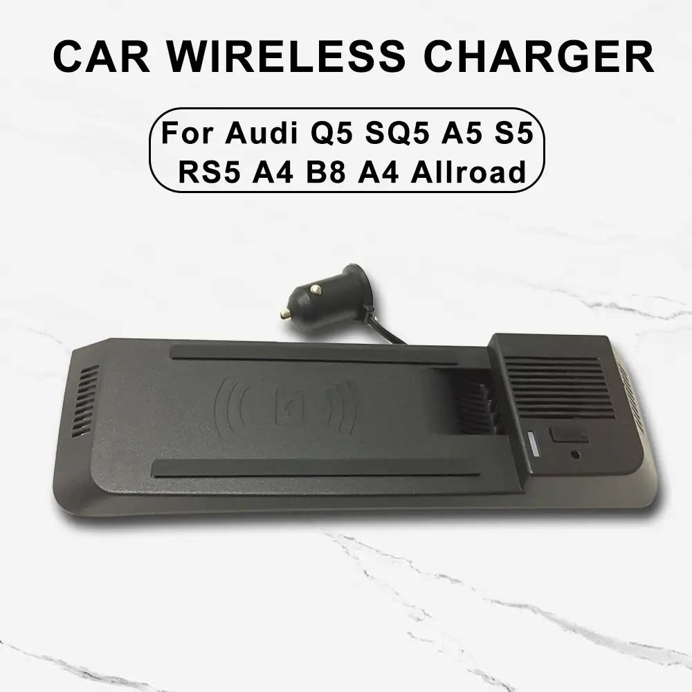Cargador inalámbrico para automóvil de plástico negro con enchufe de encendedor de cigarrillos integrado y ranuras de ventilación para el soporte de carga de 15 W para Audi A4 Q5, mostrado desde la parte trasera.