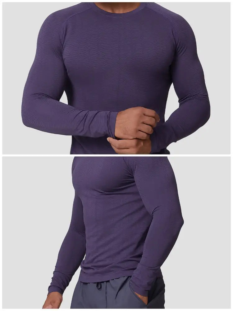 Men’s quick dry long sleeve athletic fishing shirt in purple with a ribbed texture and fitted design.