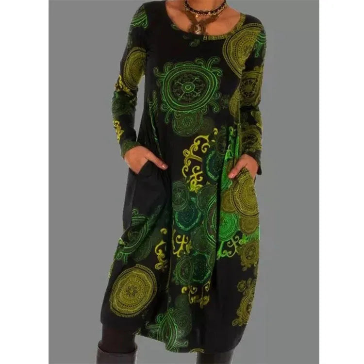 Ethnic Style Casual Dresses Women's Loose Vintage Ruffles Midi Dress Spring Autumn Long Sleeve Boho Printed Party Pocket Dress
