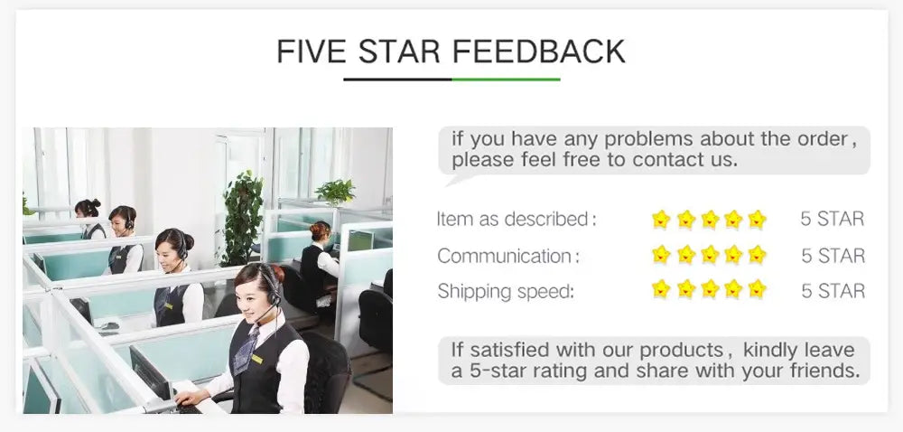 five-star feedback graphic showing yellow star ratings for item description communication and shipping speed for iced out diamond square watch for men silver blue