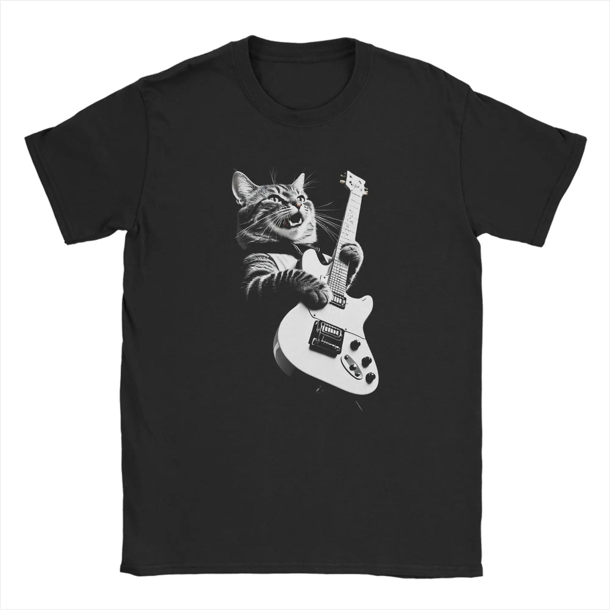 Men T-Shirts Cat Guitar  Leisure 100% Cotton Tee Shirt Short Sleeve  T Shirts Crew Neck Tops Printing