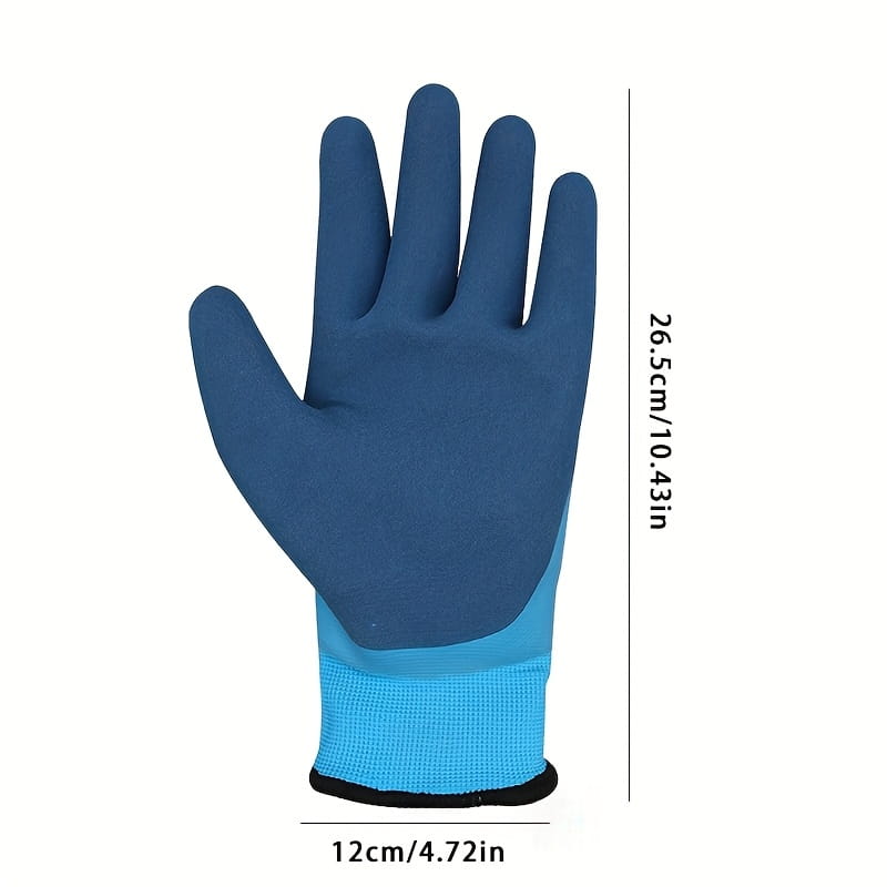 Wasserdichter Winter-Arbeitshandschuh für Herren mit einer blauen, gummibeschichteten Außenseite, einem hellblauen gestrickten Handgelenkband und schwarzem Besatz, entworfen für thermischen und mechanischen Schutz.