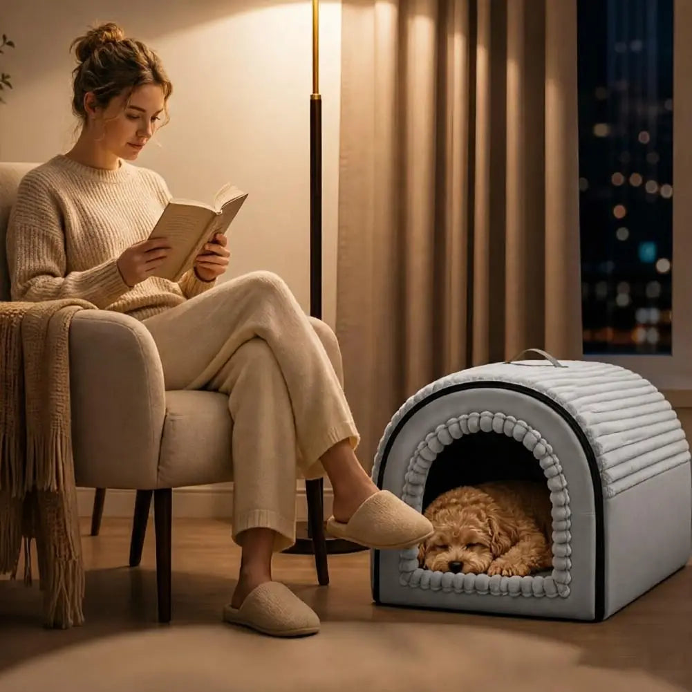 Light gray quilted pet bed with black trim and decorative pom-pom edging made of washable warm cotton for a cozy dog house.