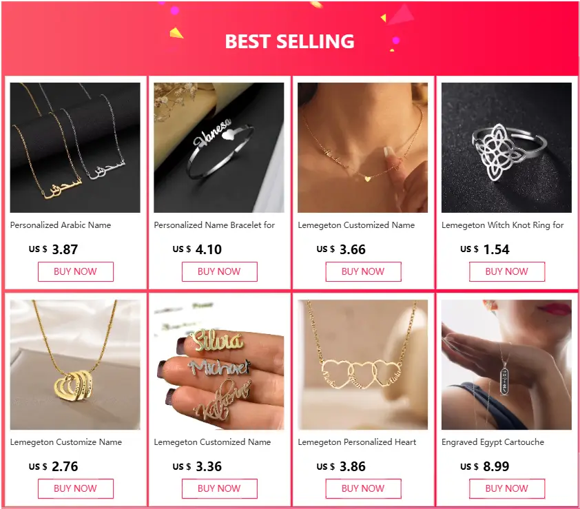 Gold-colored personalized name necklace with interlocking heart design shown with custom photo rectangle keychain and personalized stainless steel ring.