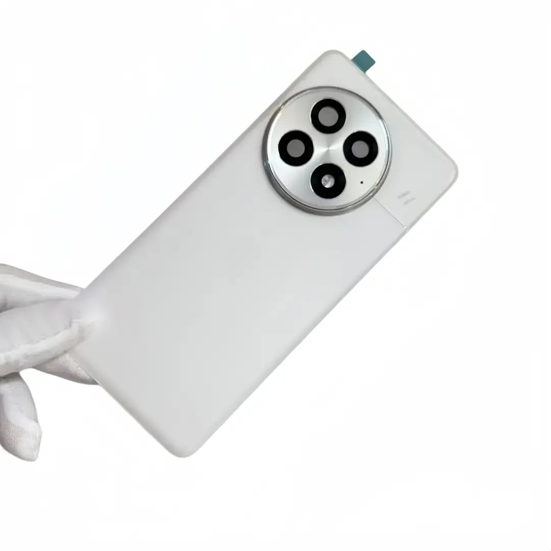 Oneplus 13 replacement back cover with camera frame glass lens in white featuring a circular camera frame housing four lenses and a silver metallic accent.