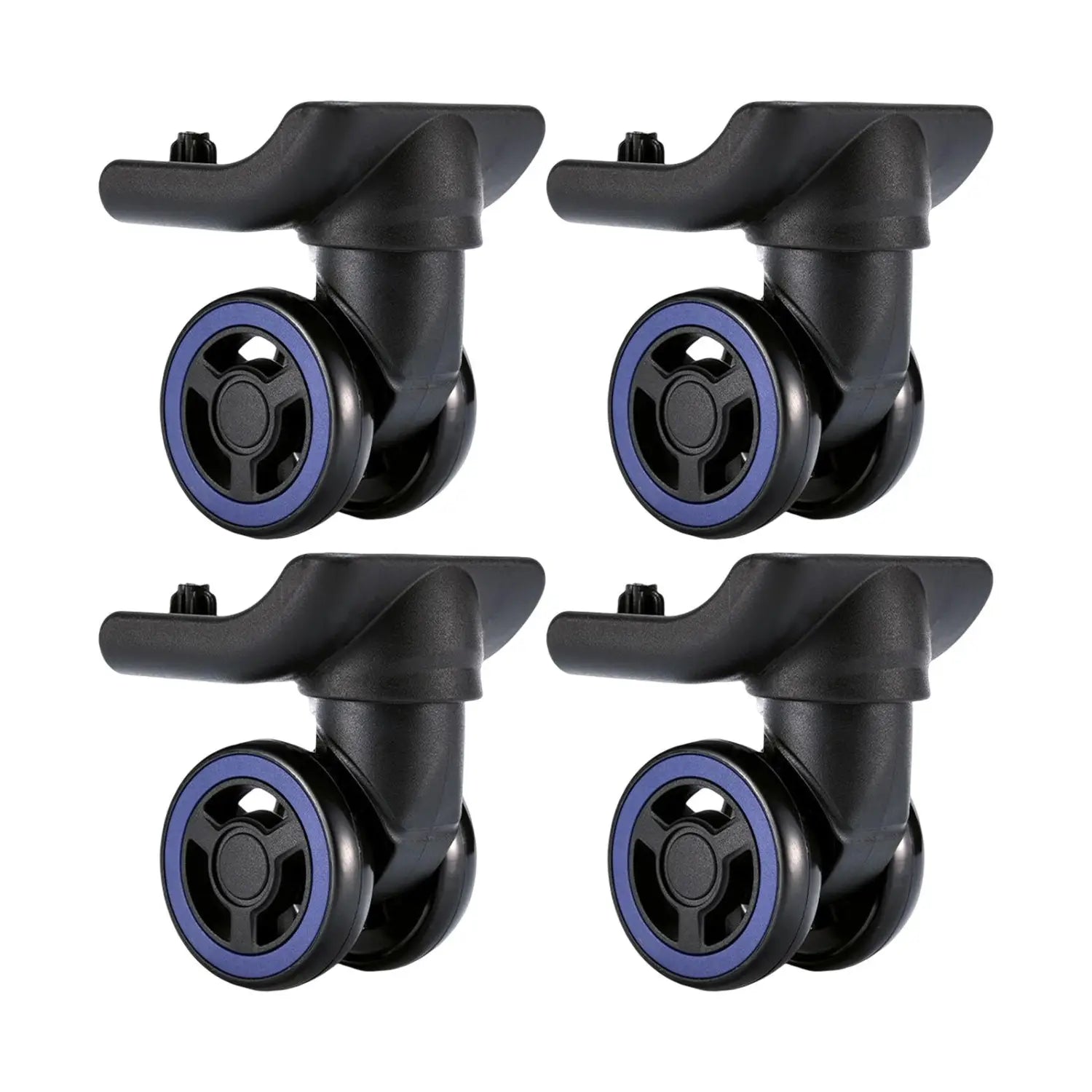 Reemplazo de rueda de equipaje de plástico negro con neumáticos de goma con rines azules y ruedas giratorias con giro de 360 grados para una maniobrabilidad fluida