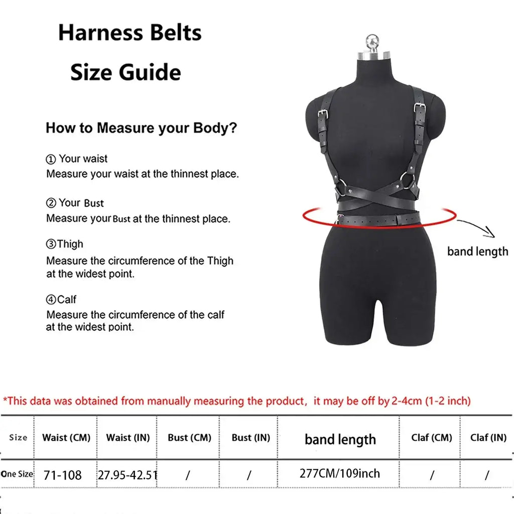 Black punk gothic leather chest harness strap with adjustable black leather straps and metal buckles front view