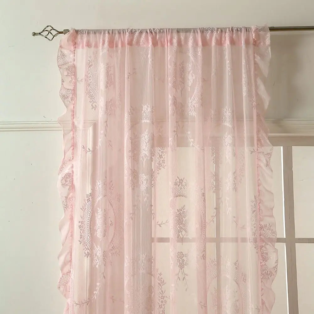 2 Pcs Home Decor Ruffled Edge French Lace Floral Curtain Retro Embroidered Gauze Curtain Rustic Voile Curtain Living Room