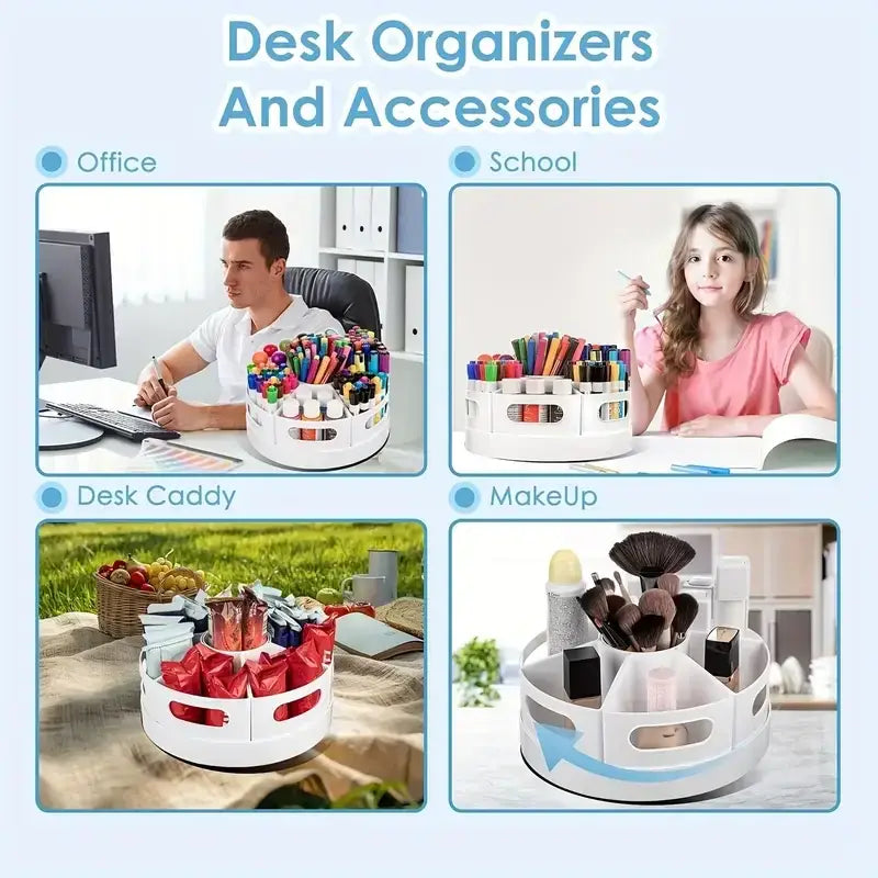 white circular rotating desk organizer with seven compartments and handle cutouts for stationery storage