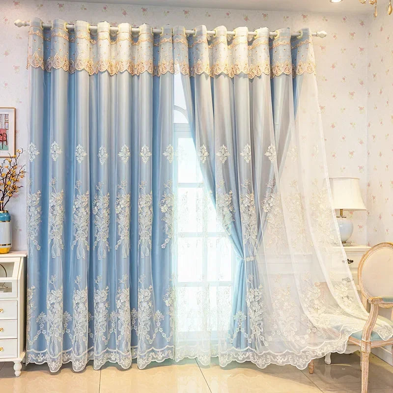European Luxury Curtains for Living Room Bedroom  Embossed Embroidered Double-layer Blackout Cloth Gauze Integrated Custom Tulle