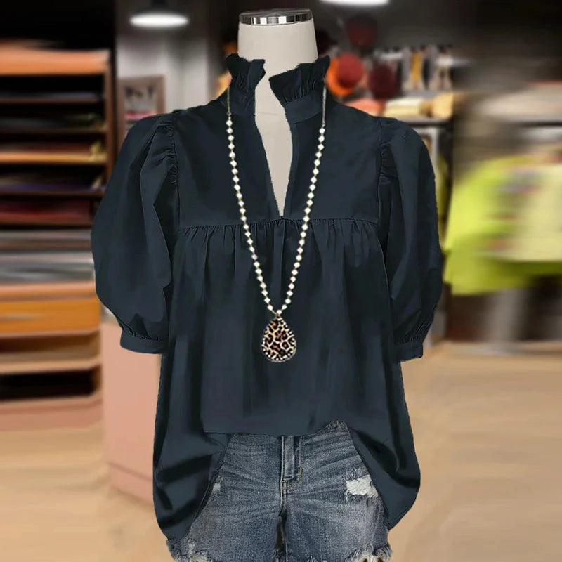 Elegant Women Blouses 2025 Summer Solid Short Sleeve Red Shirt Black Button Shirt Women Office Tops 2025