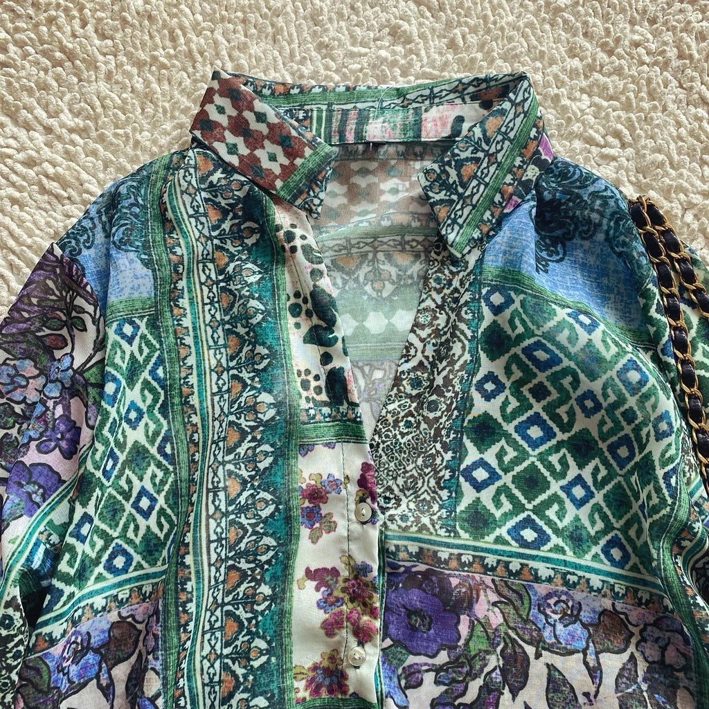 Green Floral Printed Blouses Shirts For Women Tops Long Sleeve V Neck Spring Autumn Loose Blouse Boho Chiffon Ethnic Blusas