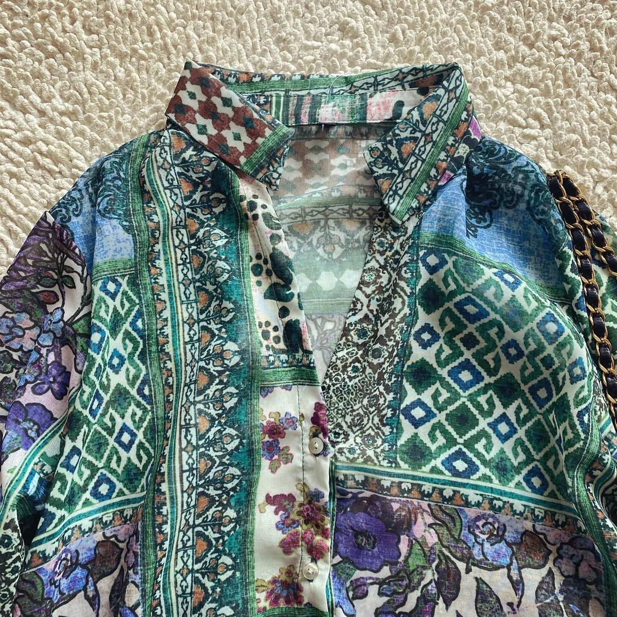 Green Floral Printed Blouses Shirts For Women Tops Long Sleeve V Neck Spring Autumn Loose Blouse Boho Chiffon Ethnic Blusas