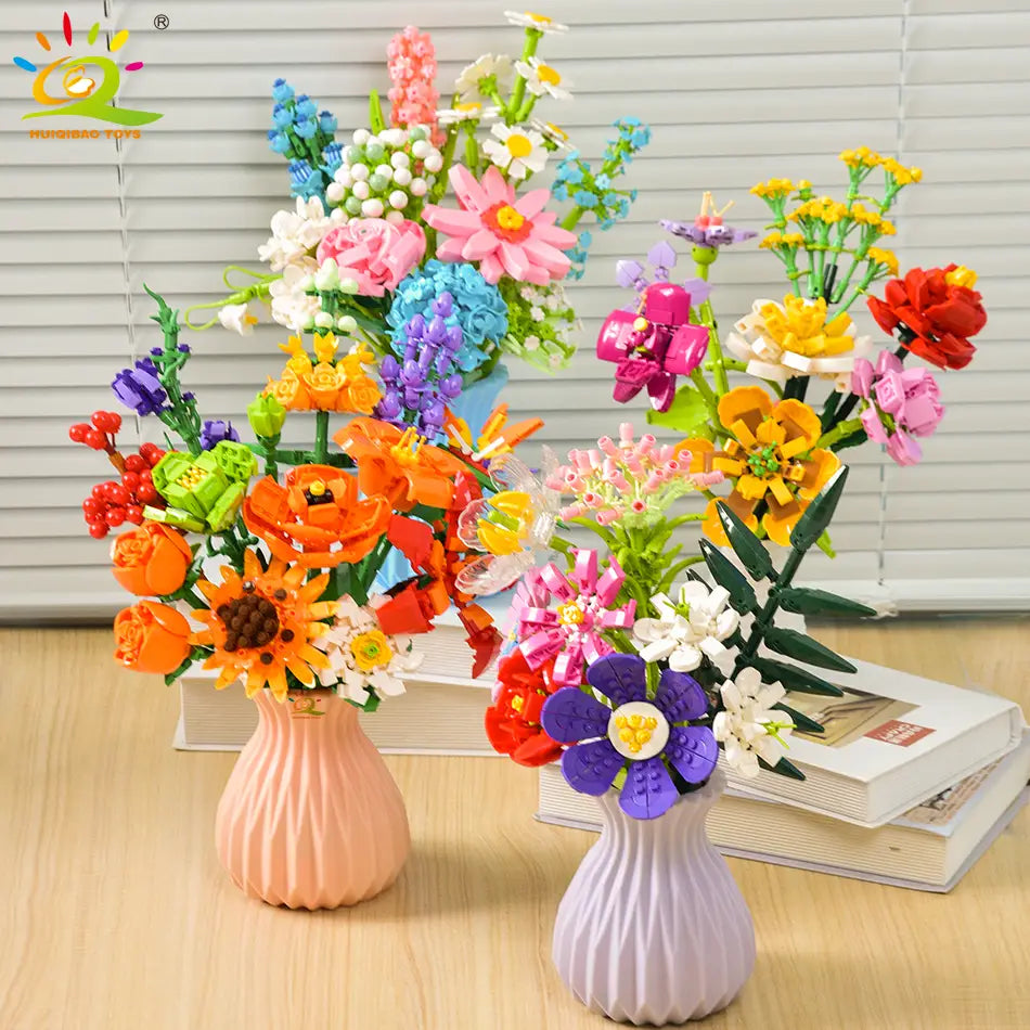 Un bouquet multicolore éclatant de fleurs en briques Lego, présenté dans deux vases en céramique aux tons pastel, conçu pour les amateurs de blocs.