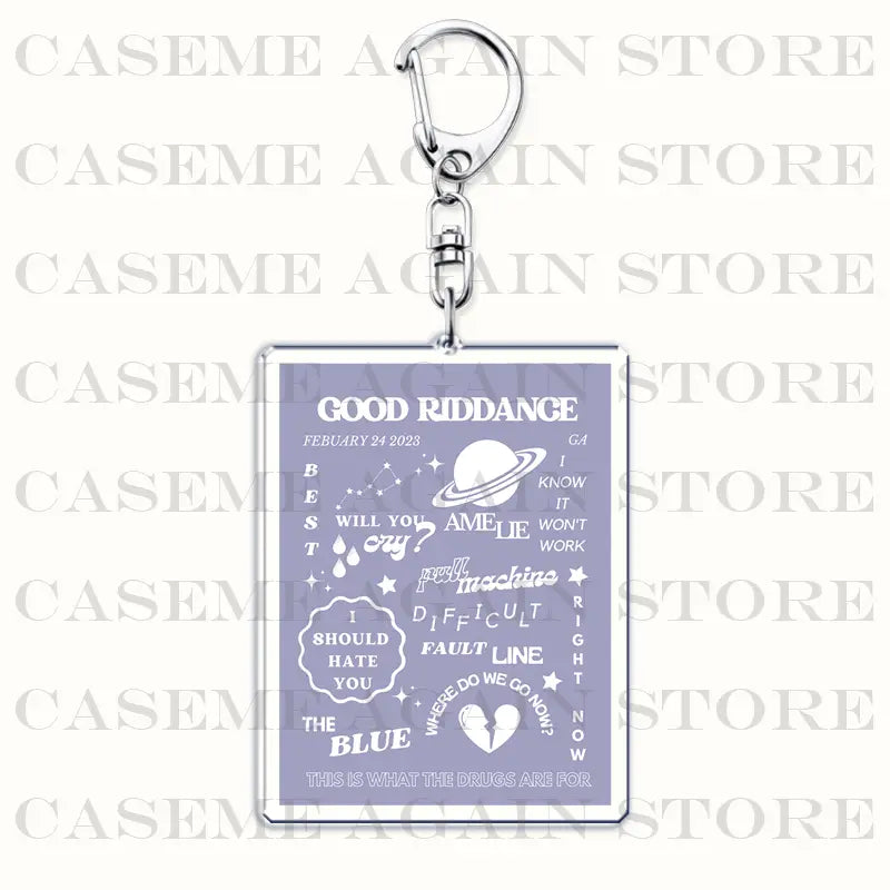 a rectangular purple acrylic keychain with a silver metal clasp featuring printed lyrics and artwork from the song good riddance by ame lie for gracie abrams anime fan gifts