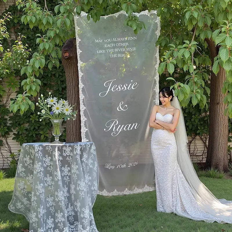 Ein transparentes, weißes, mit Spitze eingefasstes individuelles Willkommensschild aus Spitze als Banner mit eleganter Sprechschrift, die „jessie und ryan“ liest, sowie einem darunter angegebenen Datum