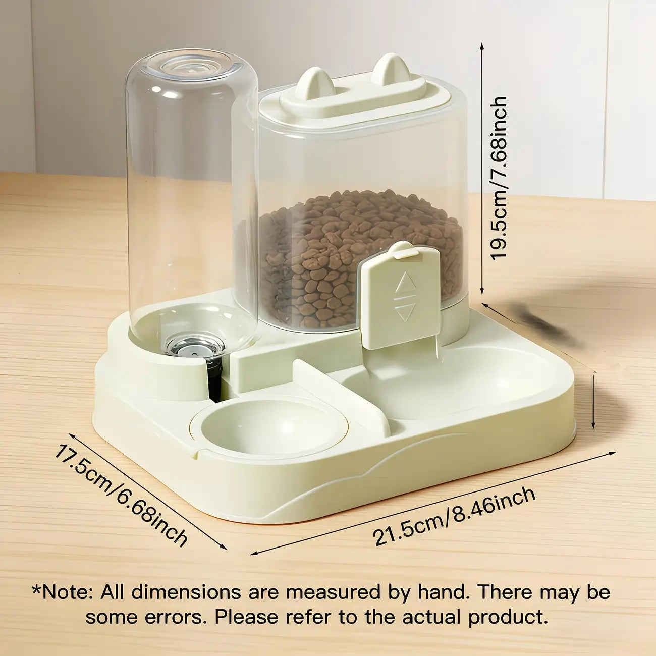 Cream-colored plastic water dispenser and large pet feeder with transparent cylindrical containers for food and water featuring a cat-ear design on the lid.