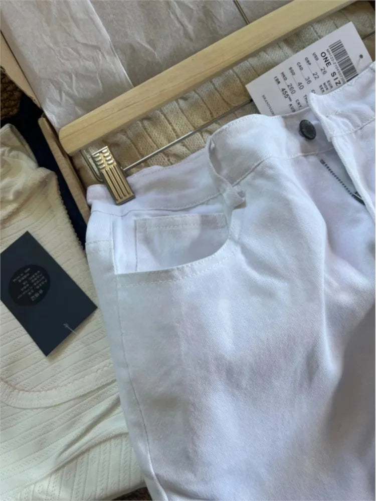 Simple Basic White Jeans Women Summer Back Pockets Cotton Straight Denim Long Pants Female Casual Vintage All-match Trousers Y2K