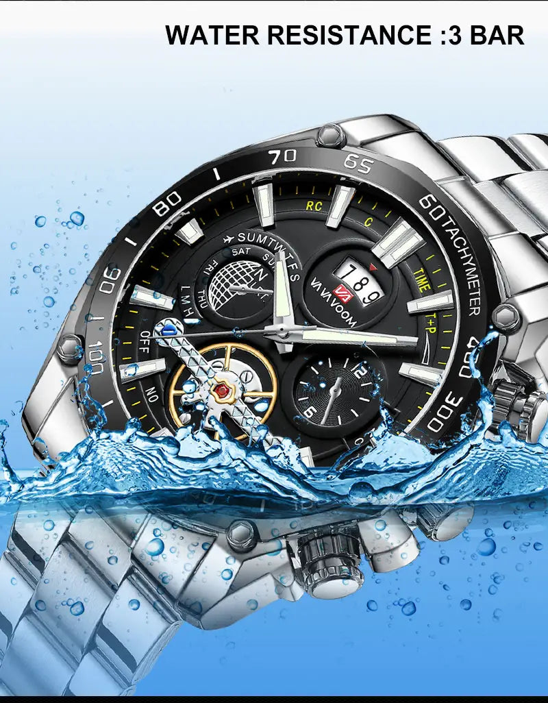 Va Va Voom Herrenuhr aus luxuriösem Edelstahl mit silberfarbenem Chronographen-Design, schwarzem Zifferblatt und mehreren Hilfszifferblättern, wasserdicht bis zu 3 bar.