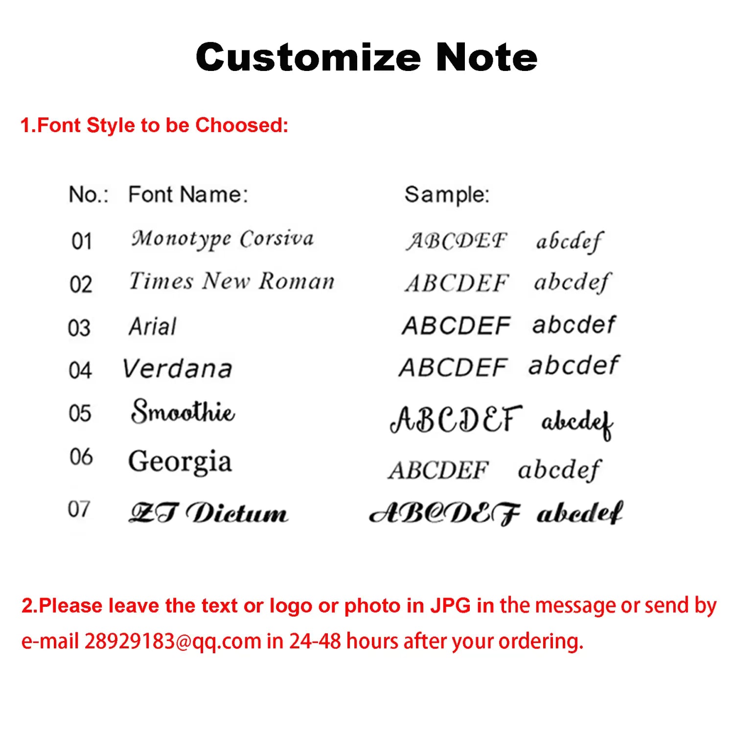 Personalized family keychain custom engraved kids names showing a customize note listing seven font styles including monotype corsiva and times new roman for text customization.