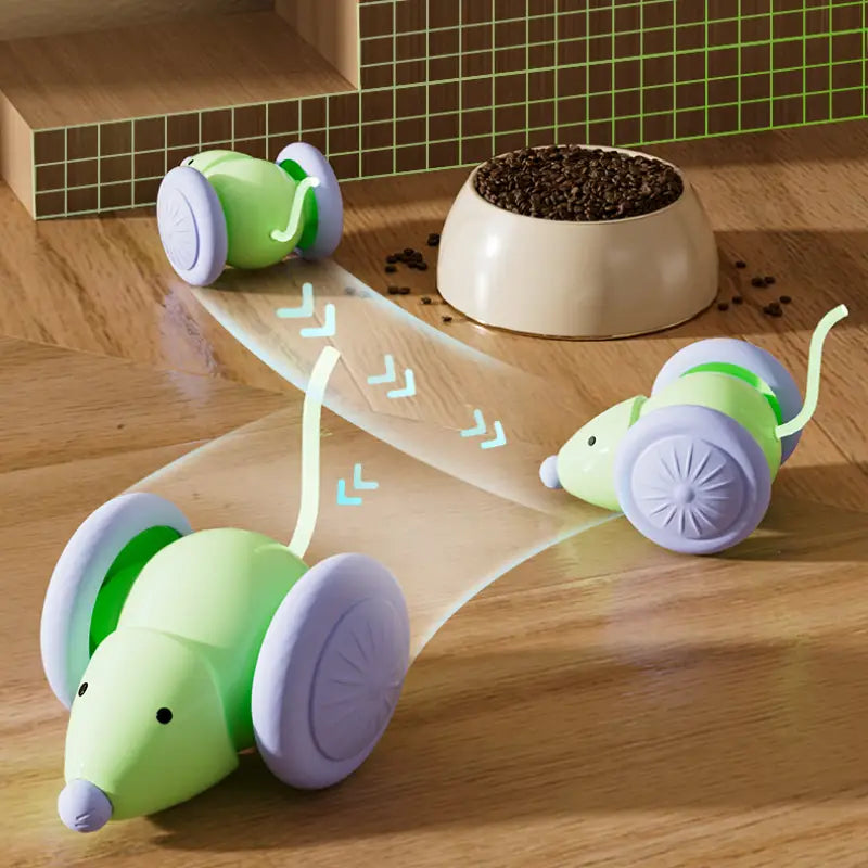 ペットのふれあいを目的とした動物のおもちゃタイプとして、グリーンおよびパープルのプラスチックで作られたホイール付きの電動キャットおもちゃのねずみ。