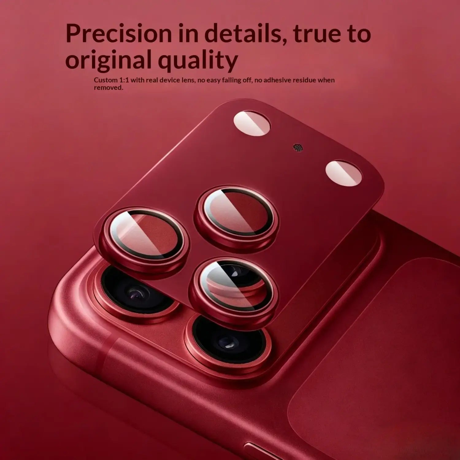Rotmetallener Entspiegelungs- und Ultra-Klar-Linsenprotektor für das iPhone 18 Pro Max mit drei runden glänzenden Linsen und einem dazu passenden roten Rahmen.