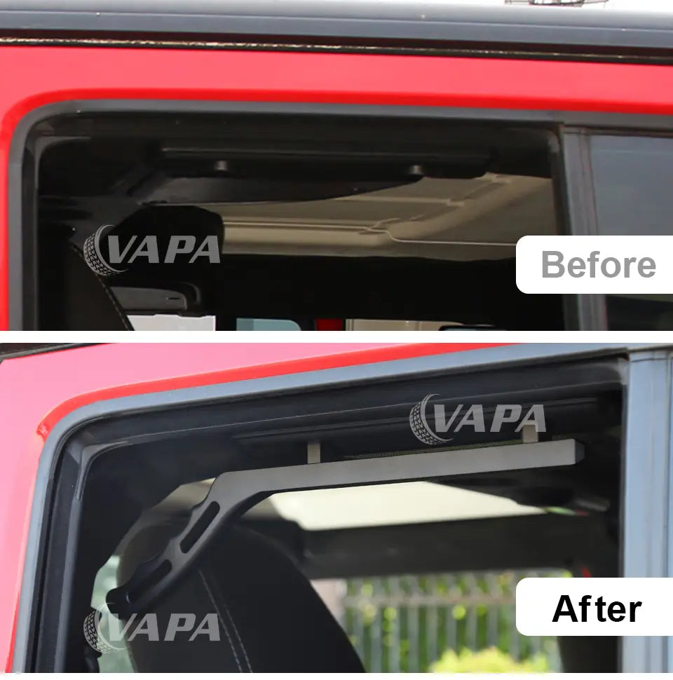 Silberne Metall-Stützstange für das Fenster, von der Rückseite dargestellt, für Jeep Wrangler JK Aluminium-Türgriff-Garnituren in Schwarz und Rot.