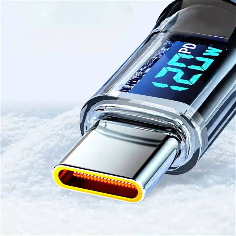 A sleek transparent usb-c cable with a teal digital display showing pd 20w for 120w fast charging usb a to type c digital display cable.