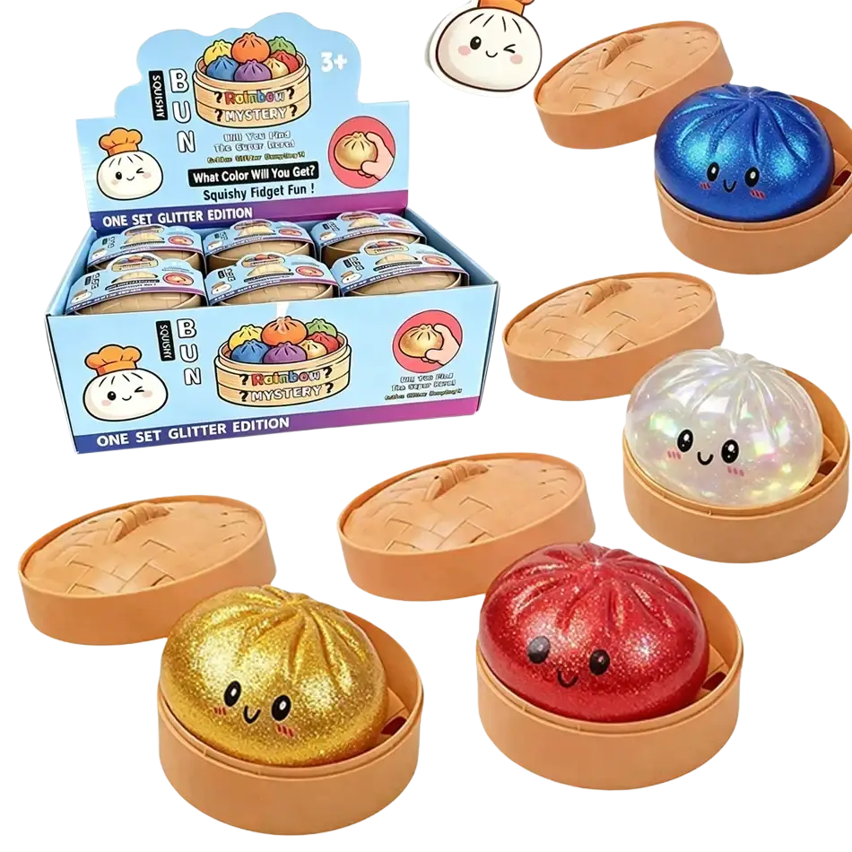 Best selling glitter dumpling squishy with box featuring vibrant blue red gold and clear stress relief squeeze toys