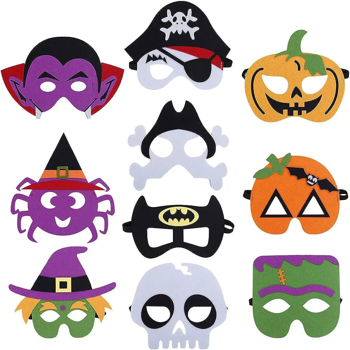 a set of colorful halloween-themed foam masks including designs like vampire, pirate, pumpkin ghost, witch, batman, spider, skull, and frankenstein for halloween pumpkin ghost diy and ghost diy mask party costumes