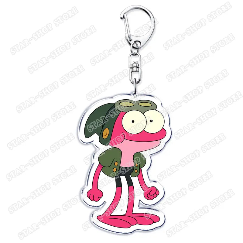 Pink and green cartoon frog character keychain from Amphibia anime with clear acrylic body and silver metal clasp.
