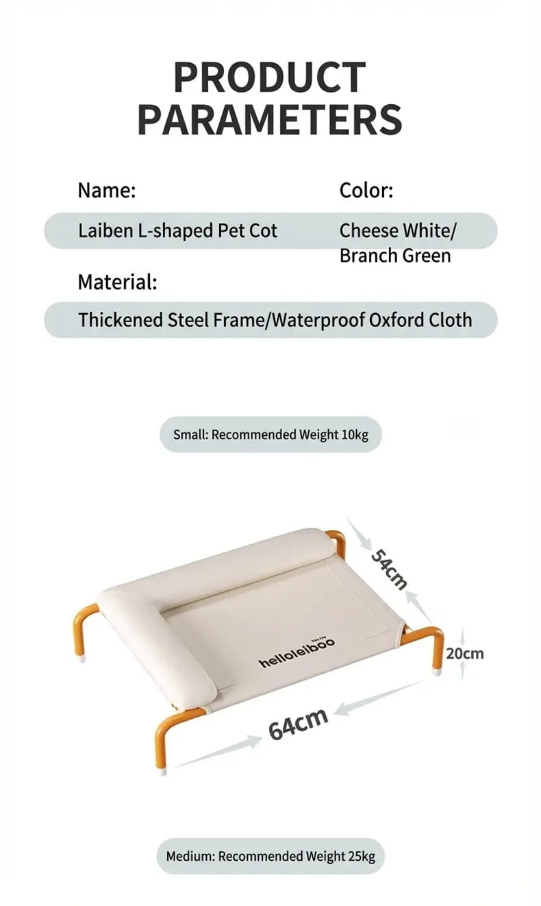 Laibien l-shaped elevated dog bed in cheese white featuring a thickened steel frame and waterproof oxford cloth for raised pet comfort.