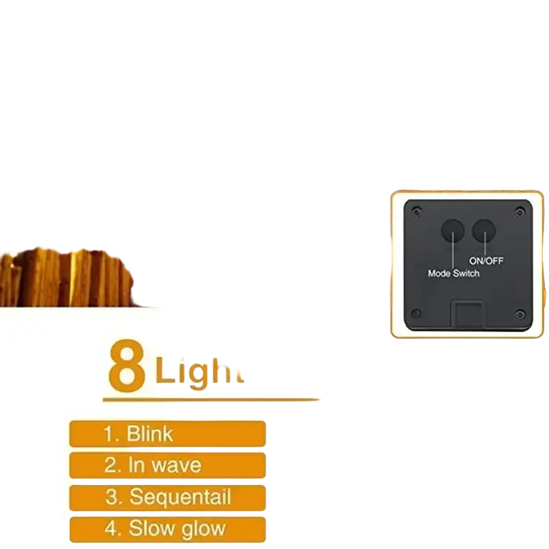 Warm white led string lights with black solar control panel with on off switch and mode selector viewed from front
