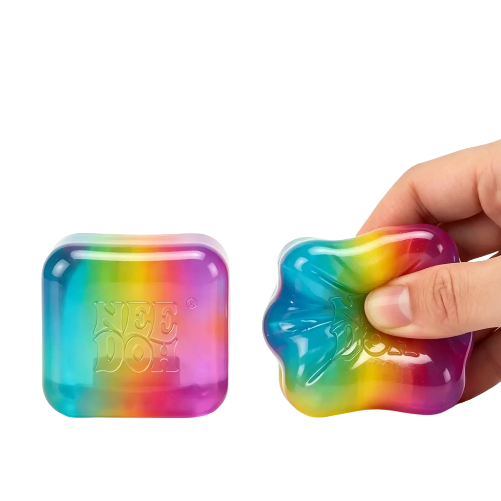 Rainbow-colored translucent nee doh squishy toys in square and star shapes shown from a front angle