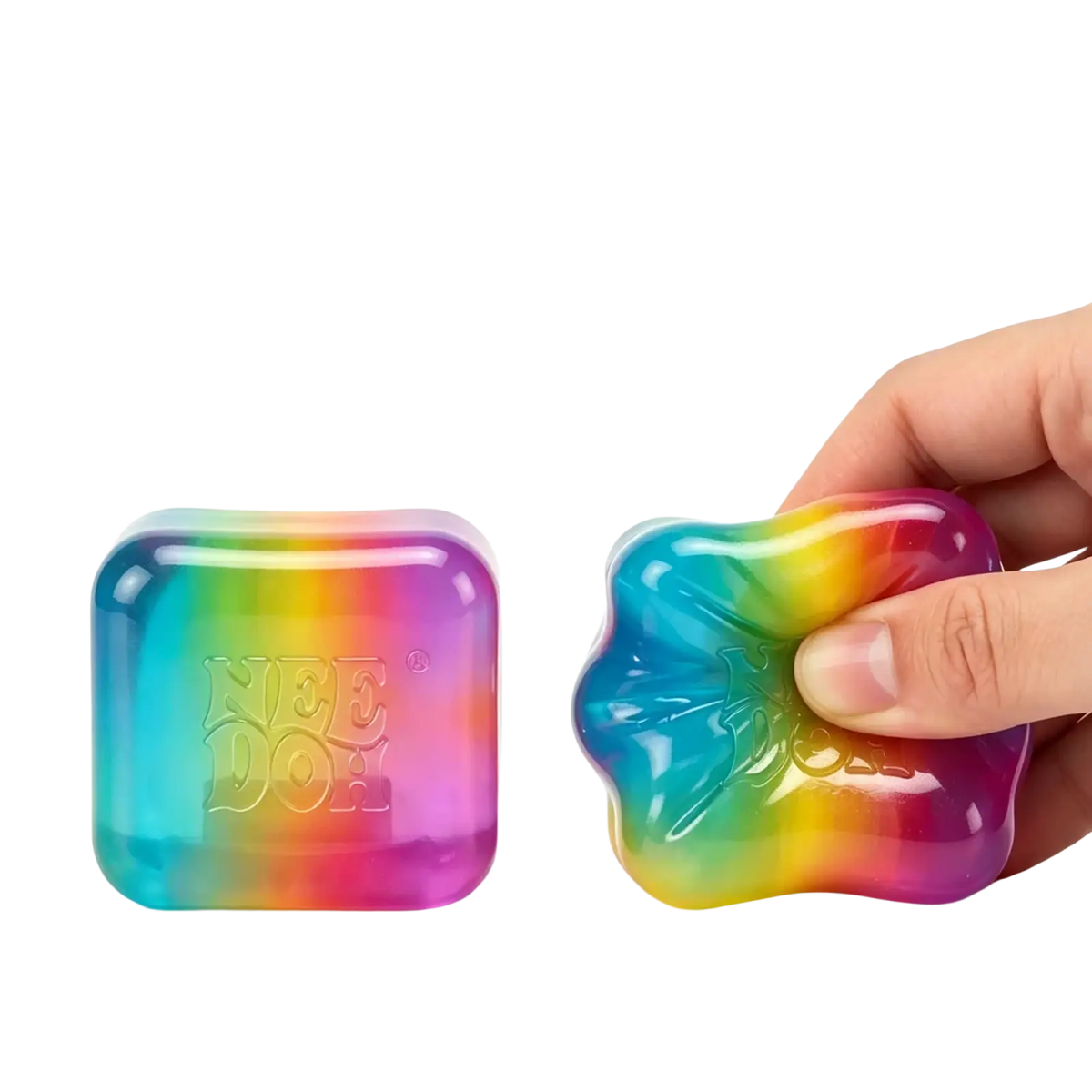 Rainbow-colored translucent nee doh squishy toys in square and star shapes shown from a front angle