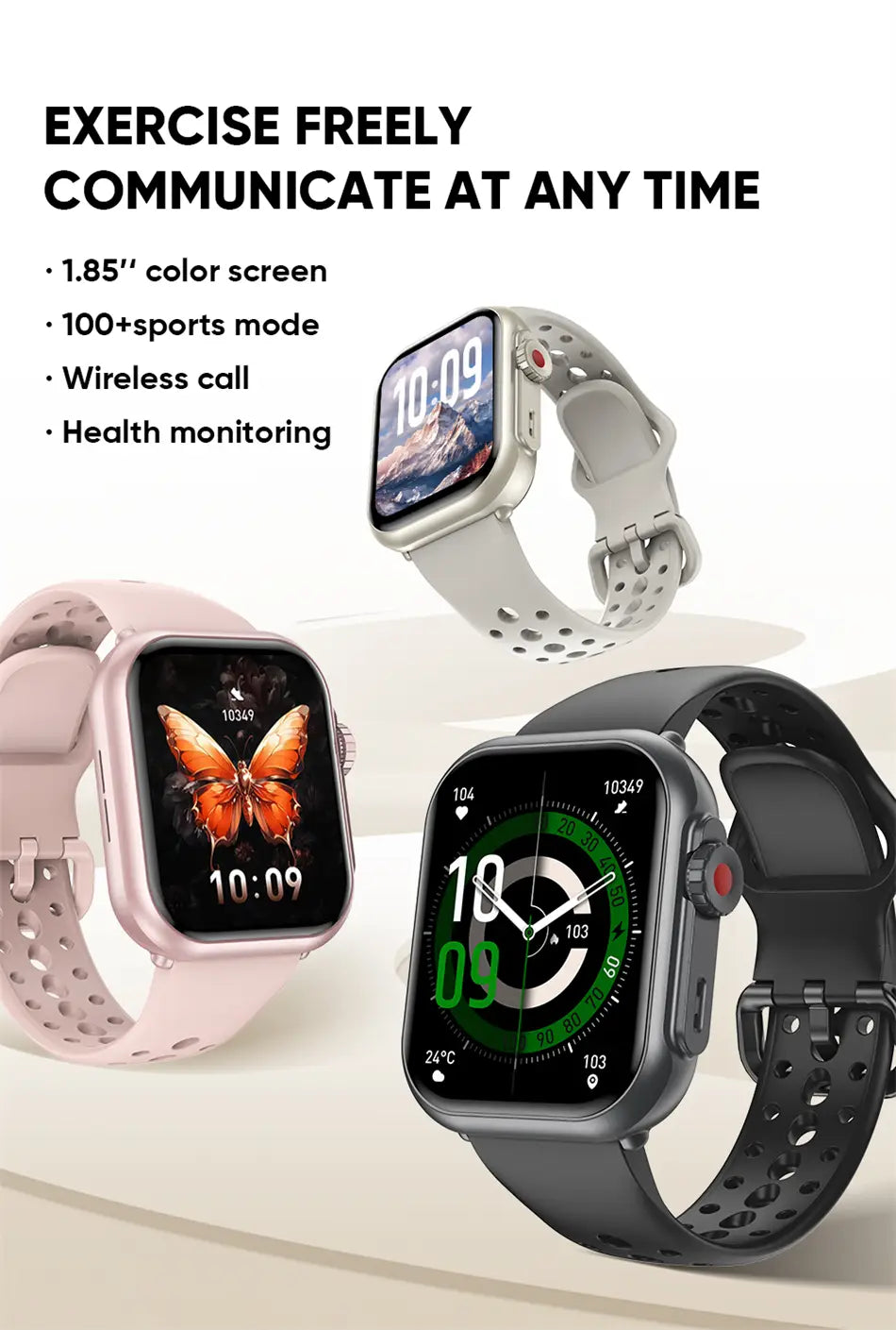 Drei AMOLED-Bluetooth-Smartwatches mit 1,85-Zoll-Farbdisplay und IP68-Fitness-Tracker-Funktionalität, mit sportlichen Silikonbändern in Pink-Grau und Schwarz; Anzeige verschiedener Zifferblätter, darunter Schmetterlings- und analoge Uhr-Designs.