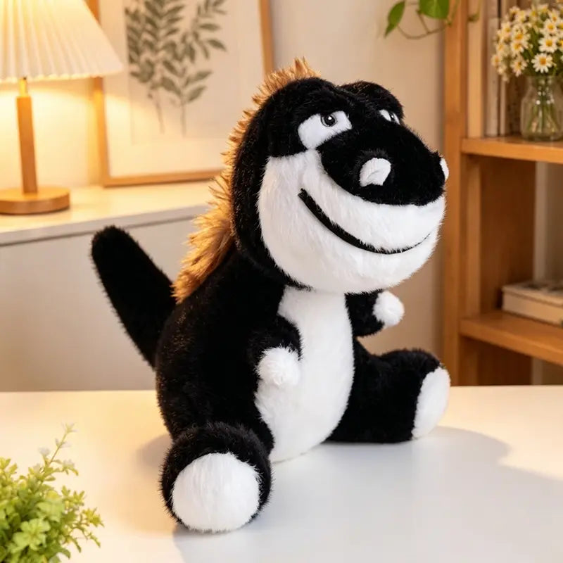 Dinosaure en peluche noir et blanc avec une crinière dorée hérissée, peluche souple, pour la collection de peluches de dinosaure colorées.