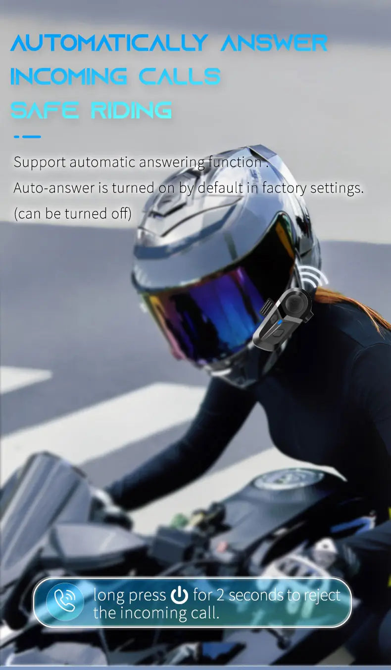 Silver motorcycle helmet with reflective blue tinted visor and integrated Bluetooth communication device for waterproof music playback.