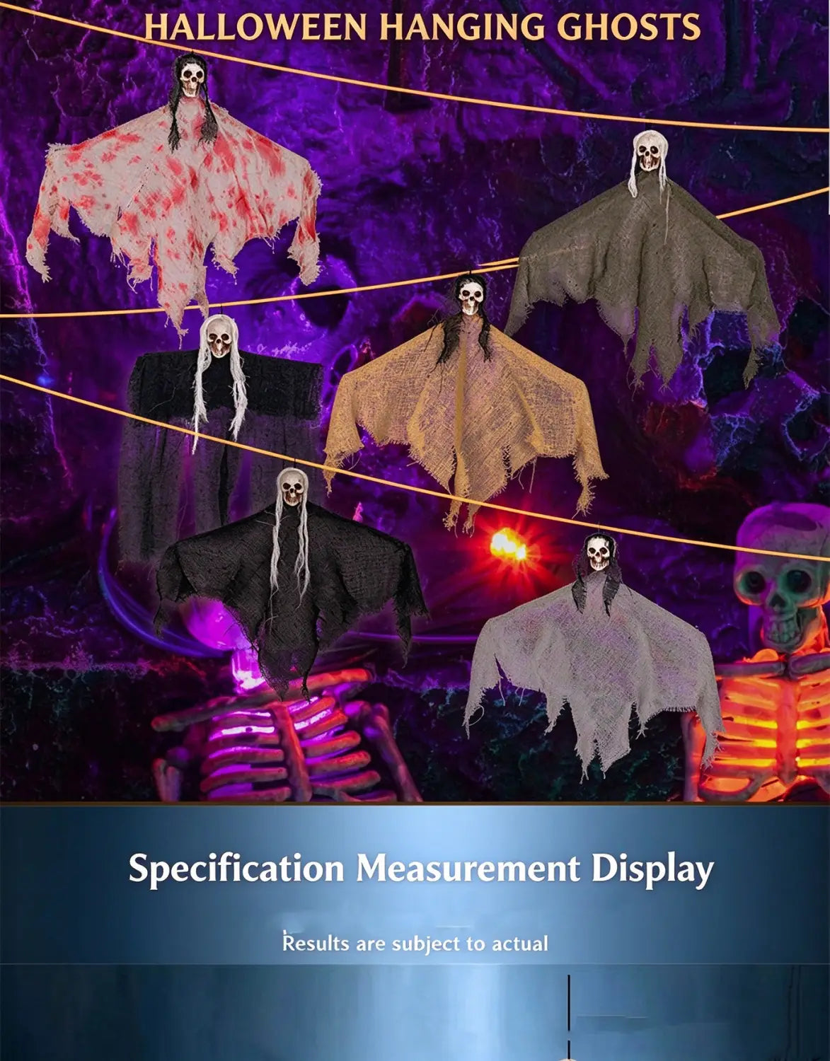 hängender Geist Halloween-Schreck-Accessoire mit zerschlissenem, blutverschmiertem und geisterhaft weißem Stoff, der wie ein Umhang wirkt, sowie an Schnüren aufgehängten Totenkopf-Gesichtern zur Dekoration von Geisterhäusern.