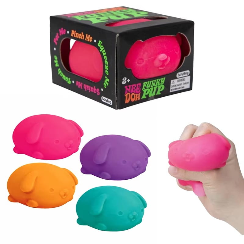 Bright pink dog-shaped sensory fidget squishy with quick rebound and simple facial features shown from the front.