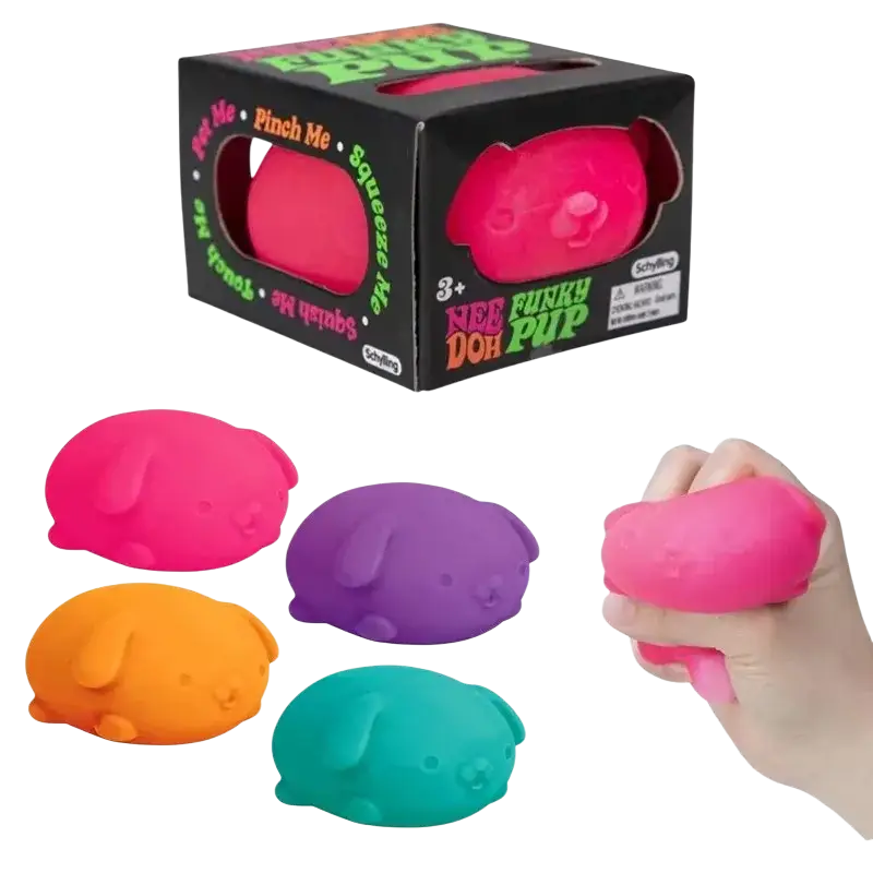Bright pink squishy dog shaped tpr toy with soft texture and cute face for anxiety relief and sensory fidget use