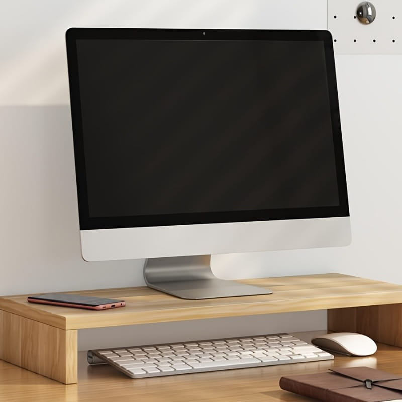 Silberner Aluminium-Monitorständer in Weiß mit Tastaturablage, mit minimalistischem Design und hölzerner Basis zur ergonomischen Arbeitsplatzzorganisation.